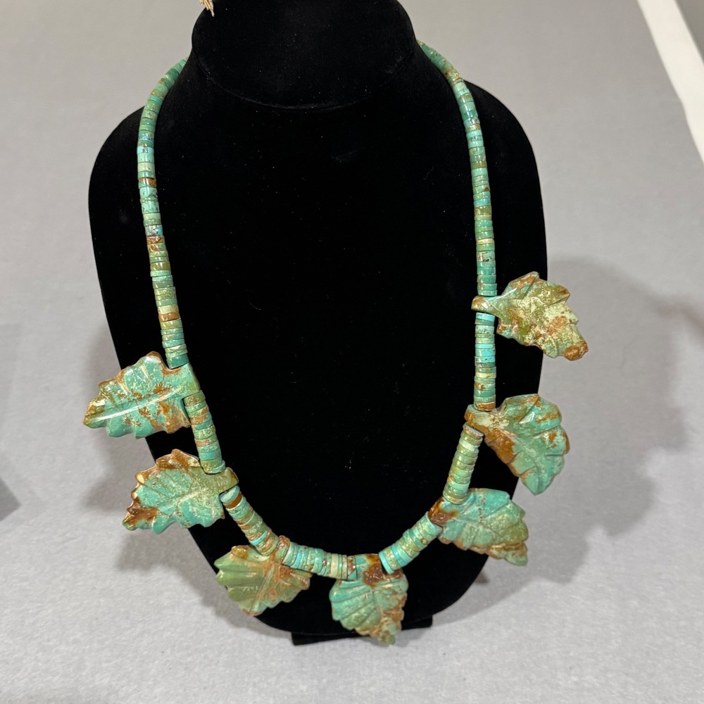Untreated Turquoise Leaf Necklace Women Green Brown Carved Stone Statement
